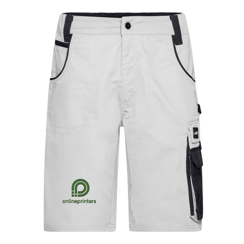 Pantaloncini da lavoro bianchi e grigi in misto poliestere-cotone con tasche multiple.