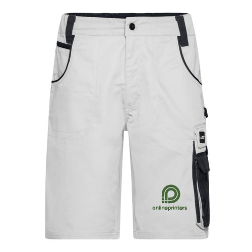 Pantaloncini da lavoro bianchi e grigi in misto poliestere-cotone con multiple tasche.