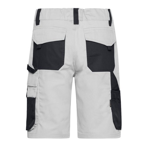 Pantaloncini da lavoro bianchi e grigi in misto poliestere-cotone con tasche multiple.