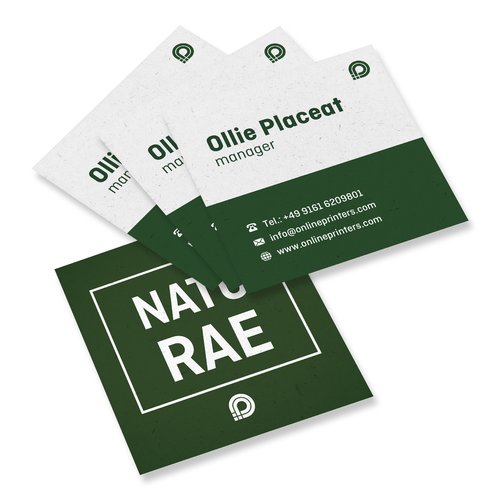 Biglietti da visita naturali in carta ecologica, stampati su entrambi i lati.