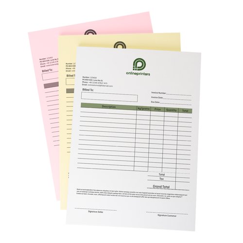 Pile di moduli autoricalcanti in formato verticale con carta rosa, gialla e bianca