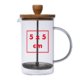 Caffettiera francese in vetro trasparente con filtro in metallo e coperchio in legno.