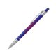 Penna a sfera in metallo blu con clip e meccanismo a pulsante.