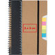 Quaderno marrone con rilegatura a spirale, elastico e note adesive.