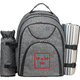 Zaino da picnic grigio con portabottiglia e supporto per coperta.