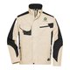 Giacca da lavoro beige/nera in poliestere e cotone con collo alla coreana e diverse tasche.